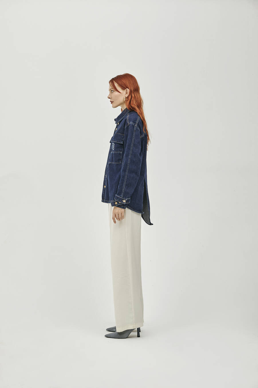 Pocket Detailed Denim Shirt with Asymmetrical Back in Navy Blue - 7