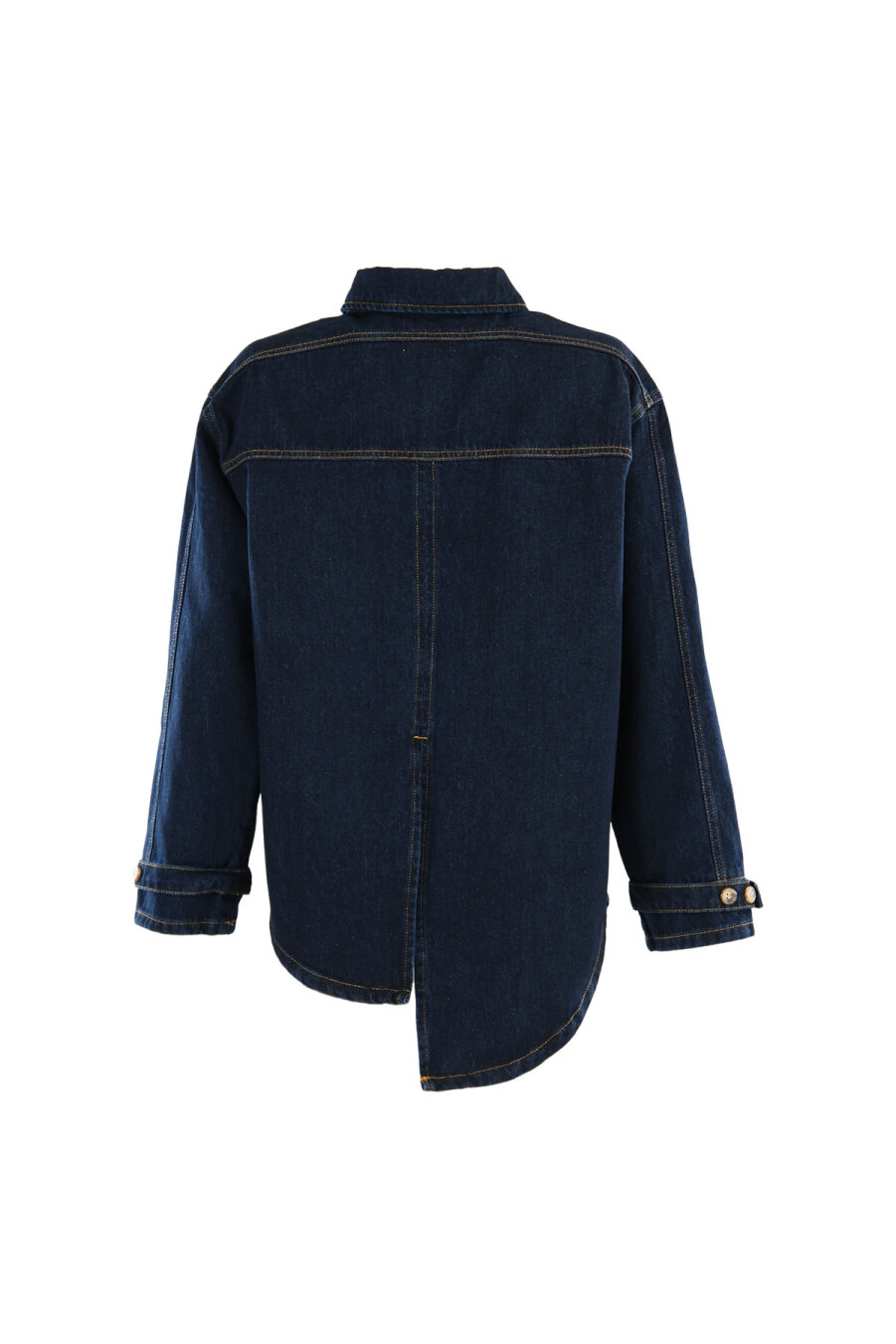 Pocket Detailed Denim Shirt with Asymmetrical Back in Navy Blue - 2