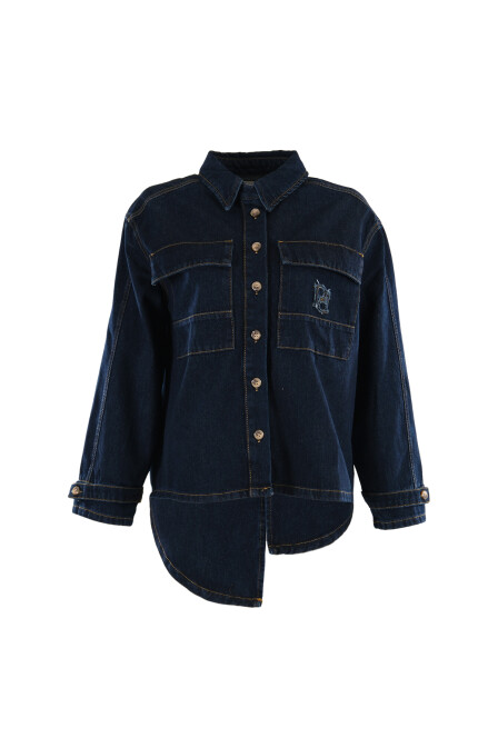 Pocket Detailed Denim Shirt with Asymmetrical Back in Navy Blue - 1