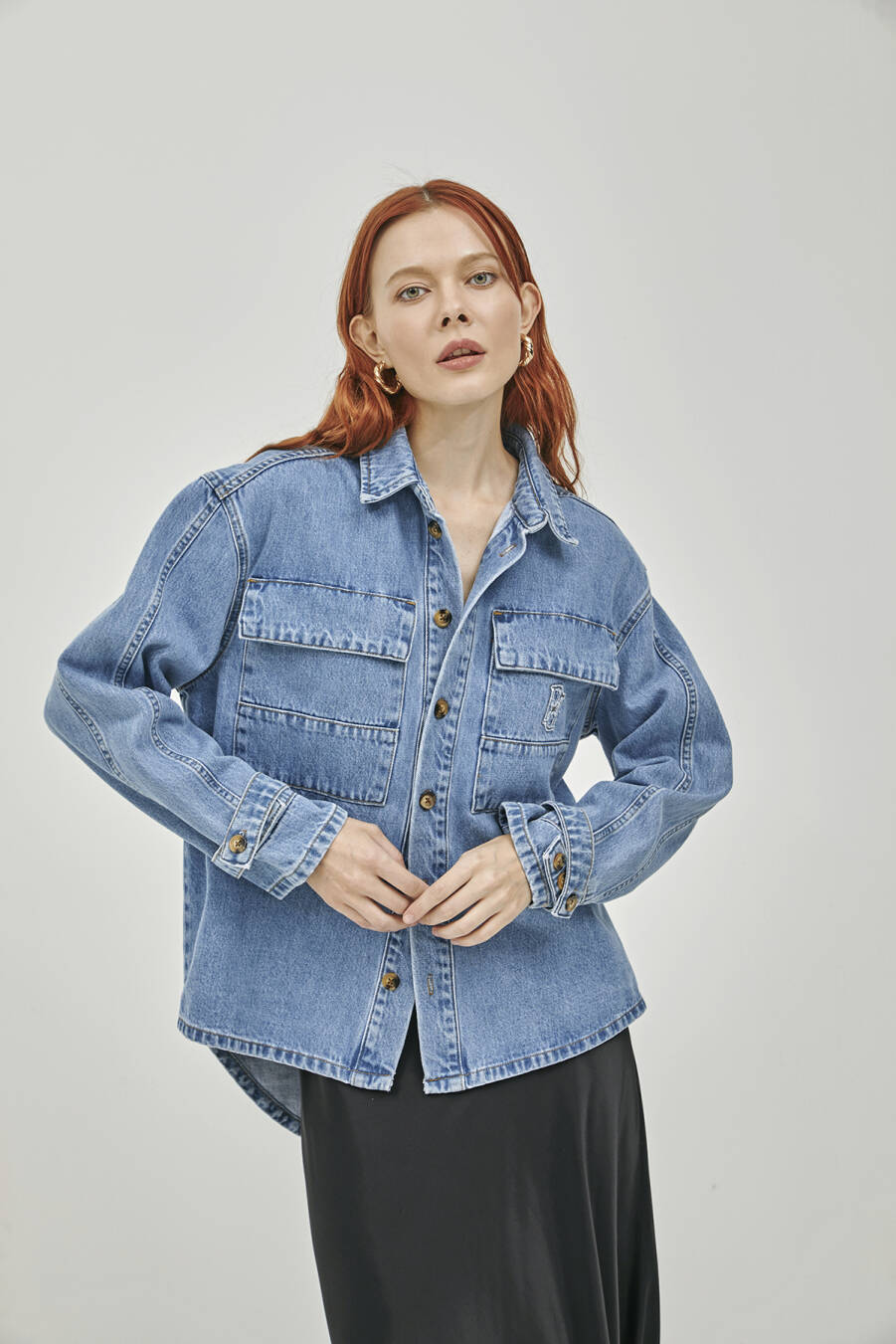 Pocket Detailed Denim Shirt with Asymmetrical Back - 1