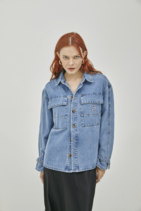 Pocket Detailed Denim Shirt with Asymmetrical Back - 2