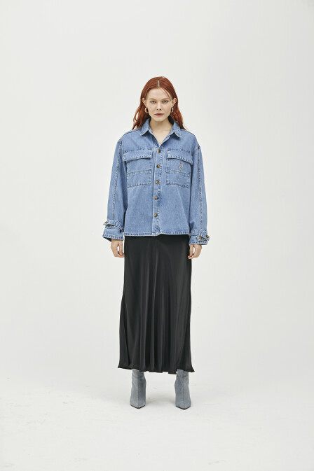 Pocket Detailed Denim Shirt with Asymmetrical Back - 3