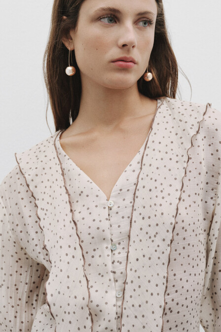 Polka Dot Shawl Collar Detailed Shirt - 1