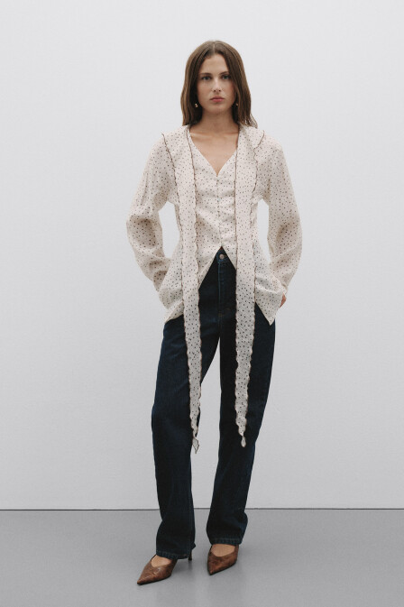 Polka Dot Shawl Collar Detailed Shirt - 4