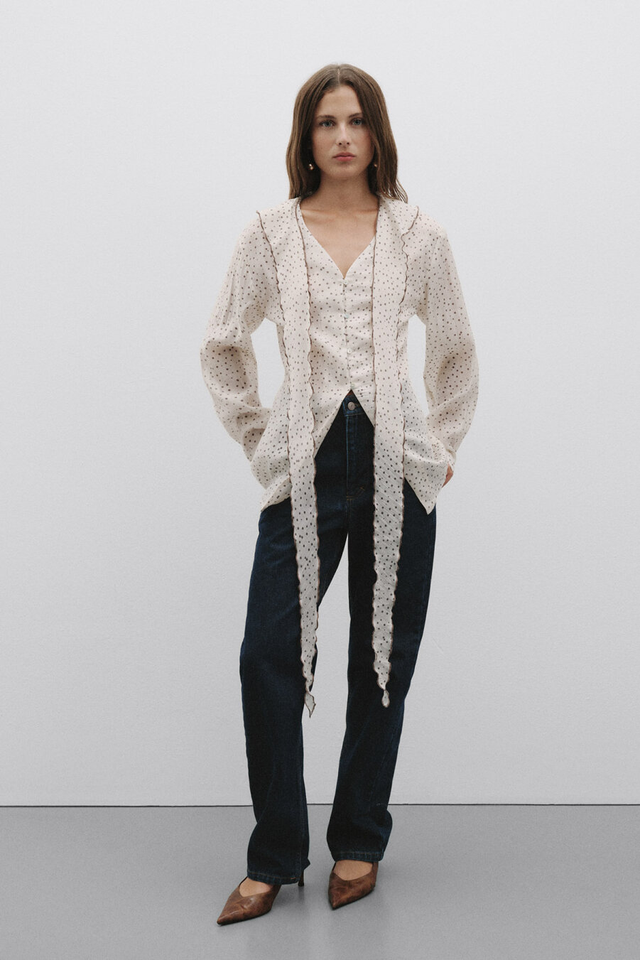 Polka Dot Shawl Collar Detailed Shirt - 4