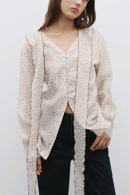 Polka Dot Shawl Collar Detailed Shirt - 2