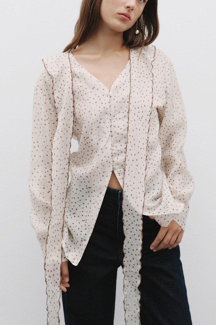 Polka Dot Shawl Collar Detailed Shirt - 2