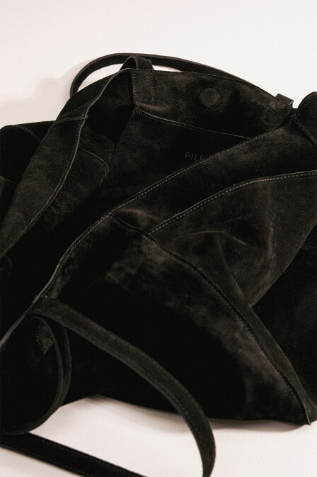 Suede Leather Boho Tote Bag Black - 5