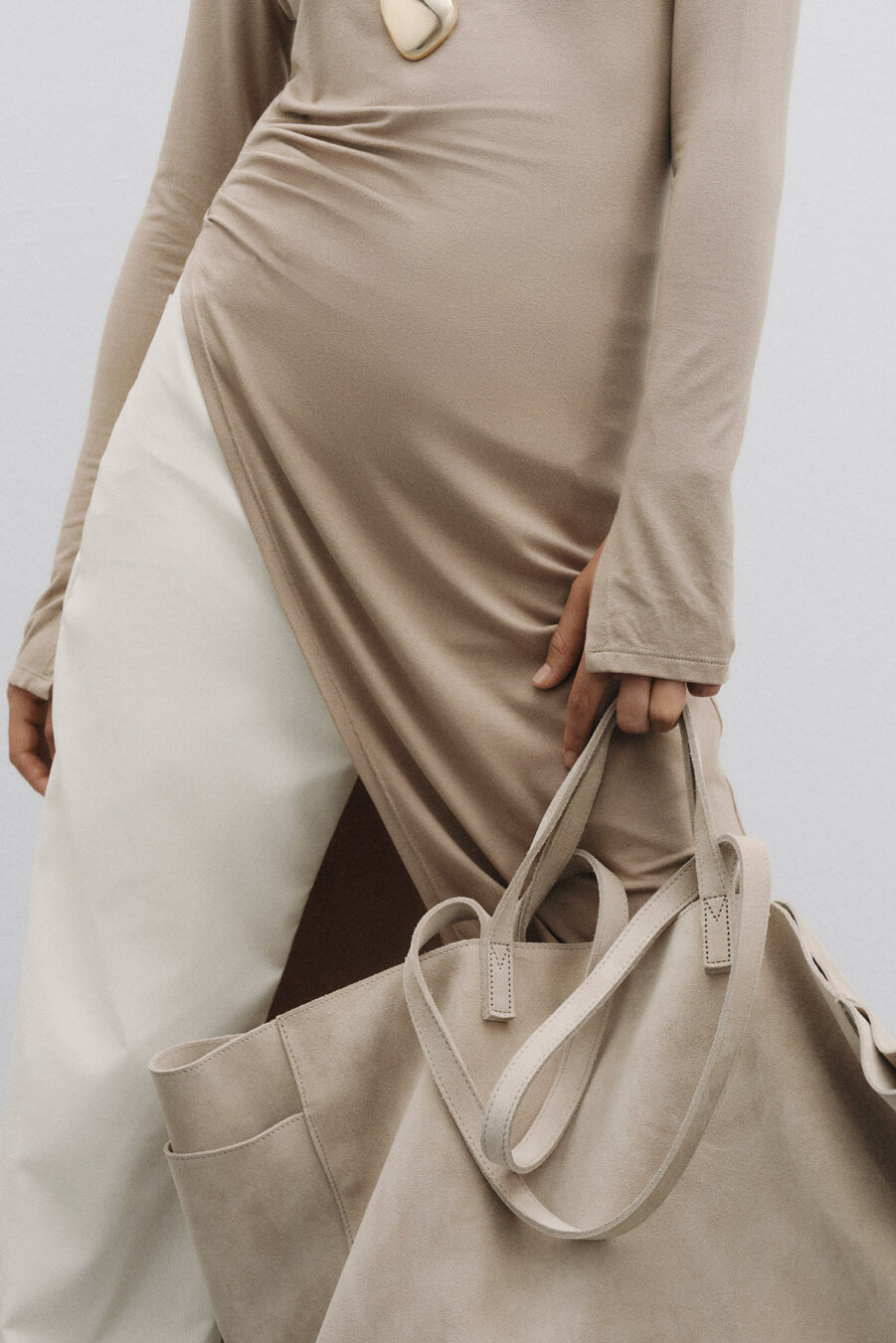 Süet Deri Boho Tote Bag Taş - 2