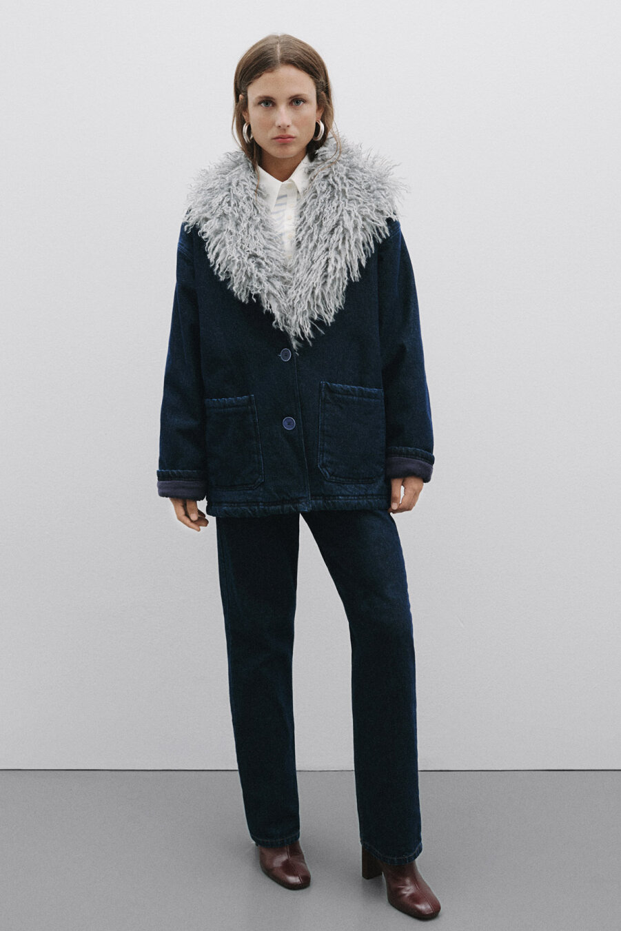 Suni Kürk Yakalı Denim Ceket - 3