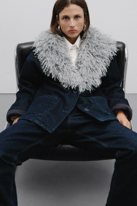 Suni Kürk Yakalı Denim Ceket - 2