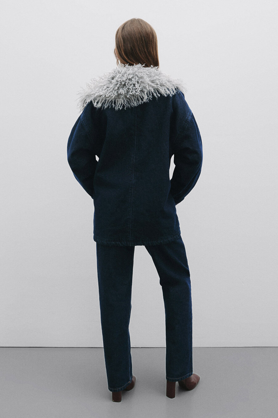 Suni Kürk Yakalı Denim Ceket - 5