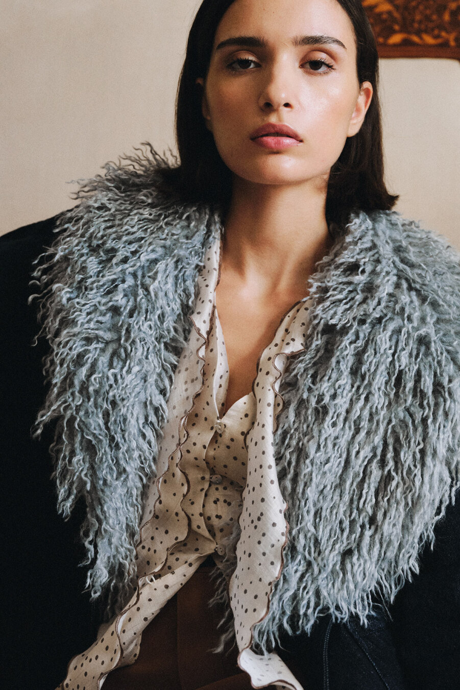 Suni Kürk Yakalı Denim Ceket - 1