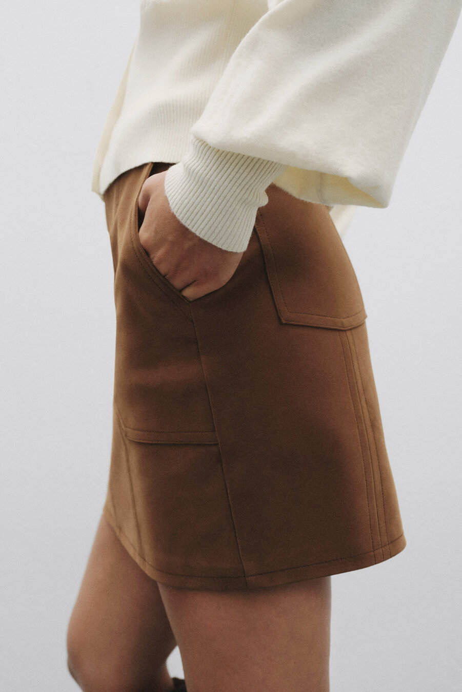 Taba Suni Süet Deri Mini Etek - 3