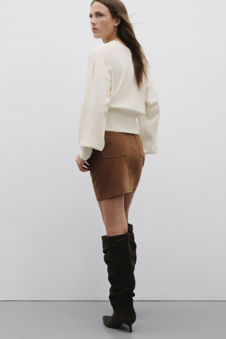 Taba Suni Süet Deri Mini Etek - 4