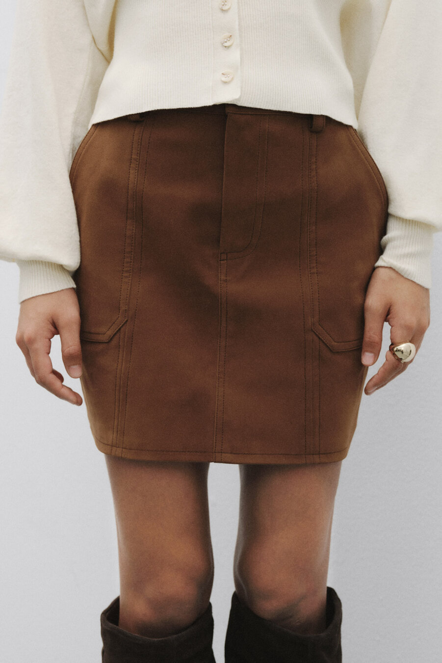 Tan Faux Suede Leather Mini Skirt - 2