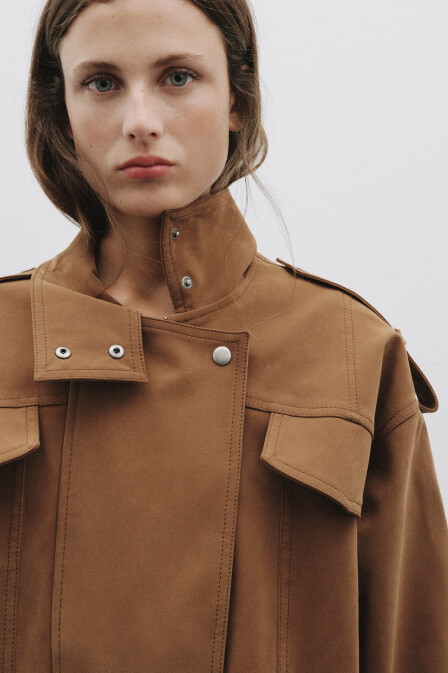 Tan Short Faux Suede Leather Jacket - 2