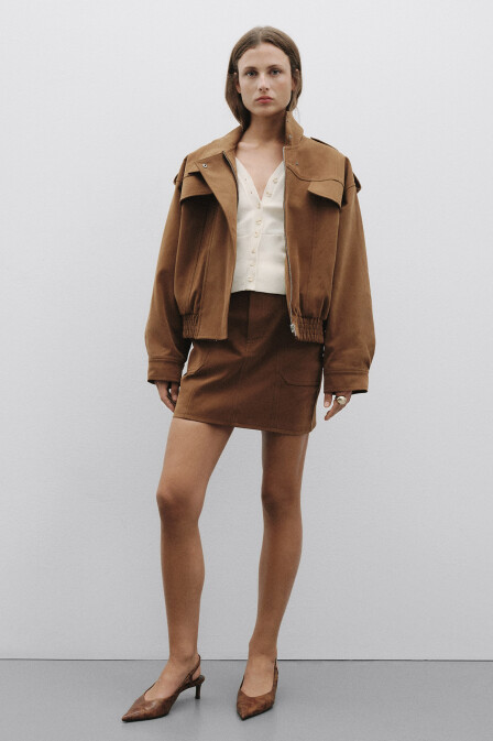 Tan Short Faux Suede Leather Jacket - 6