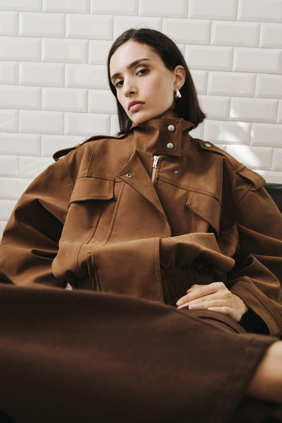 Tan Short Faux Suede Leather Jacket - 1