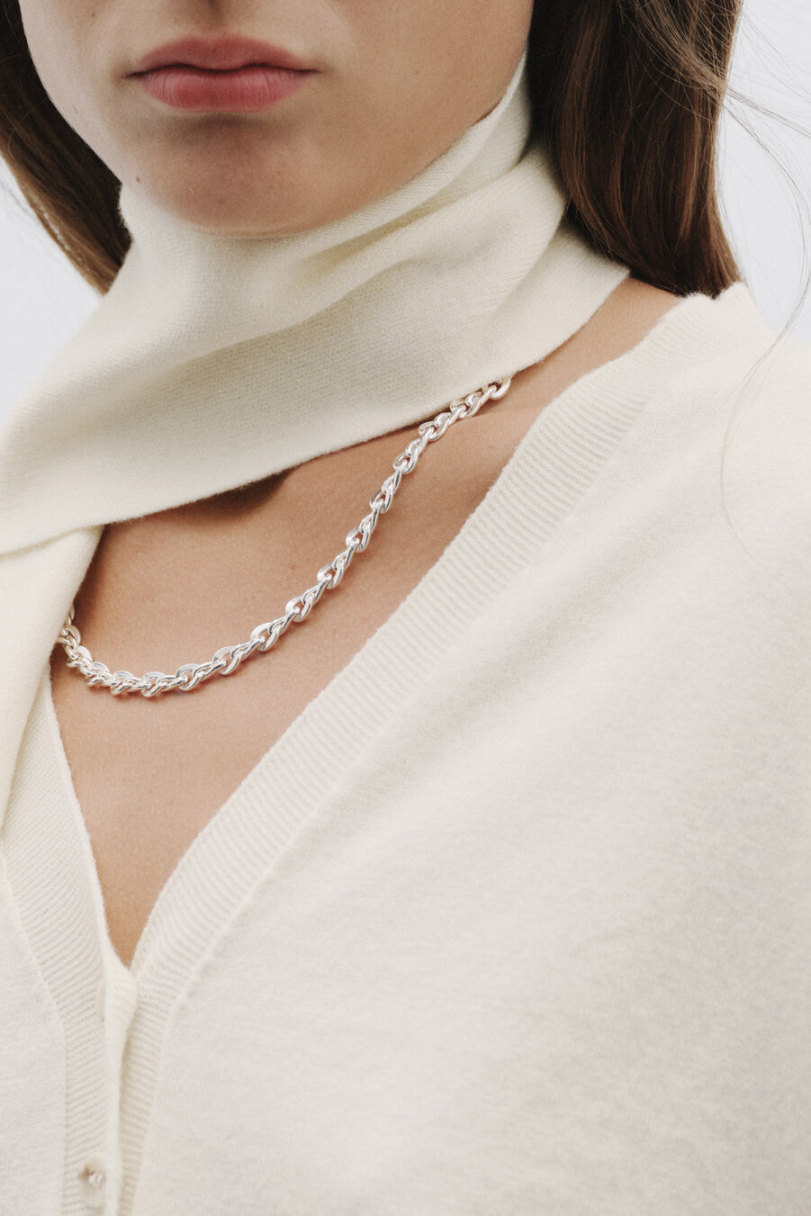 Triko Fularlı Örme Hırka Ekru - 1