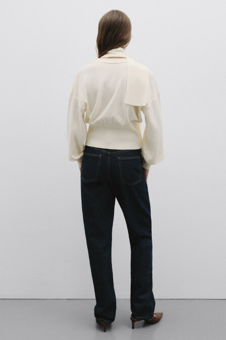 Triko Fularlı Örme Hırka Ekru - 4